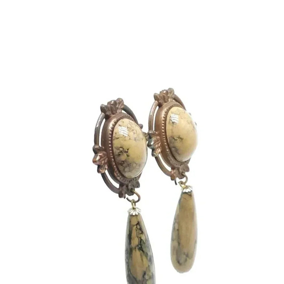 Beige Jasper Dangle Drop Earrings Brass Tone Clip-On Closure Vintage - Picture 2 of 5